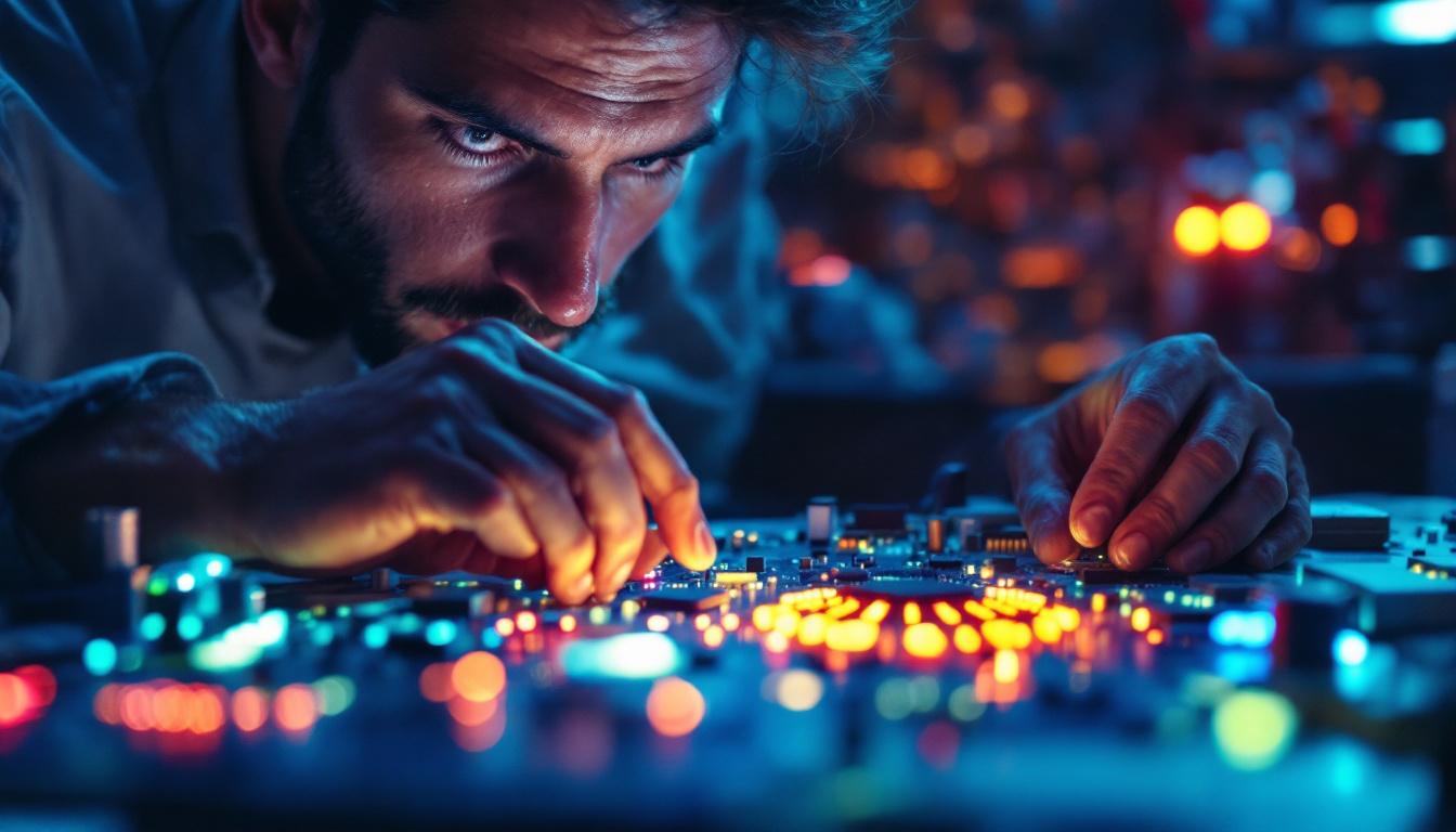 A photograph of a focused electrical engineer examining a complex circuit board illuminated by vibrant led lights