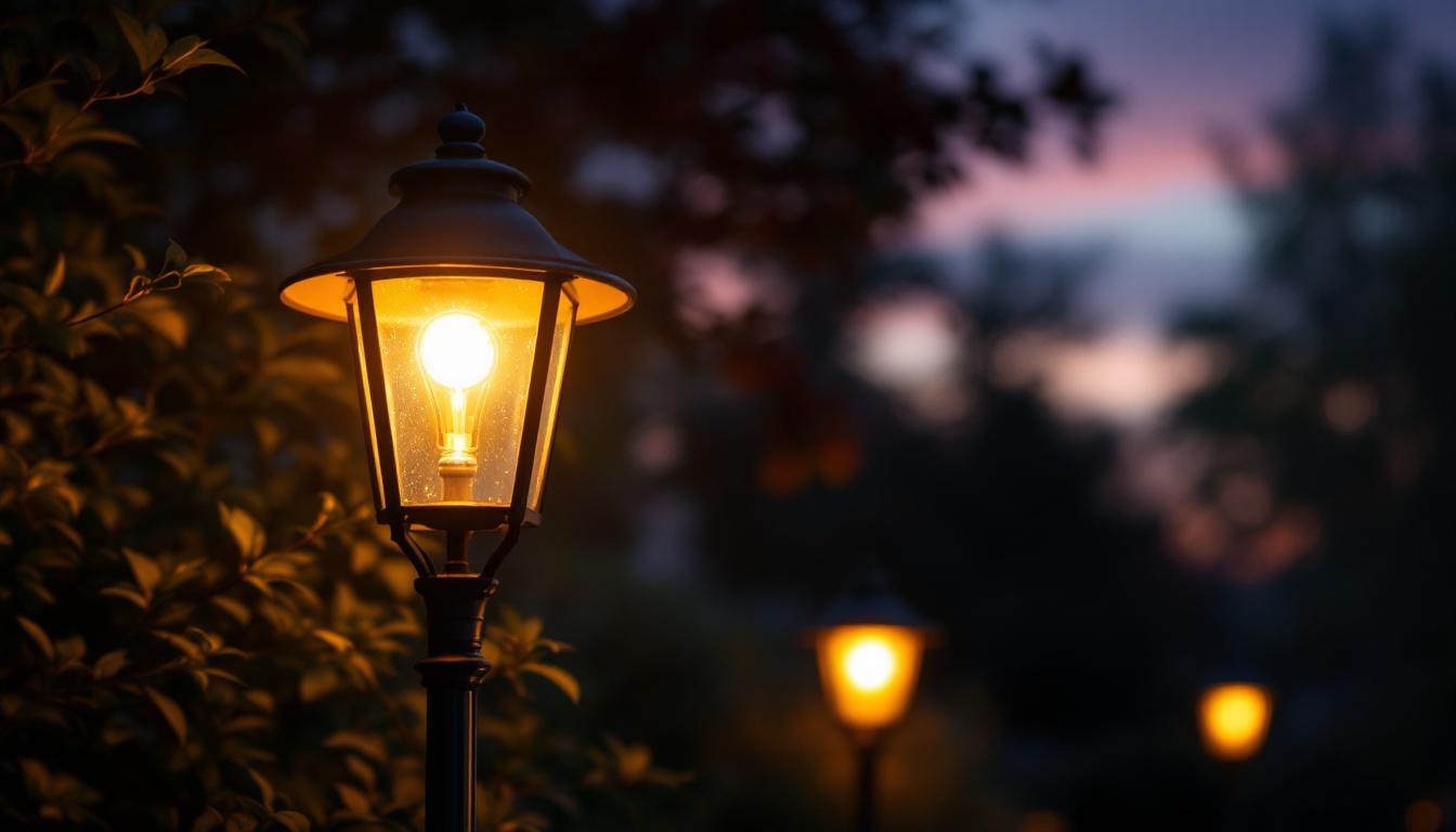 A photograph of a beautifully illuminated outdoor lamp post at dusk