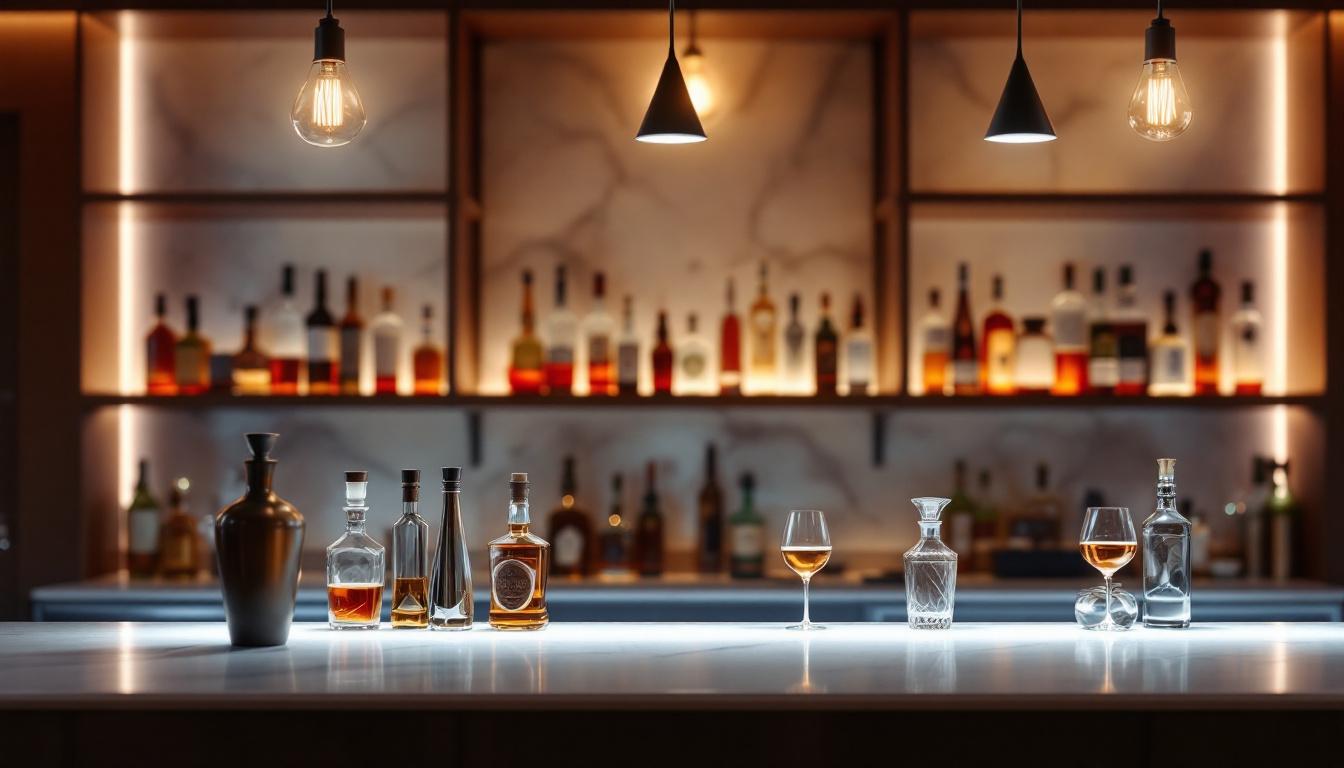 A photograph of a well-designed liquor bar showcasing various lighting fixtures