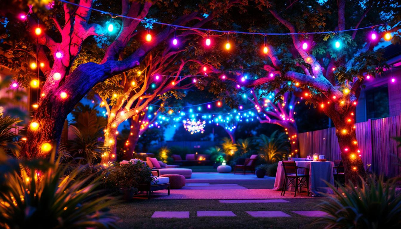 A photograph of a beautifully arranged outdoor setting featuring color-changing led string lights draped across trees or a patio
