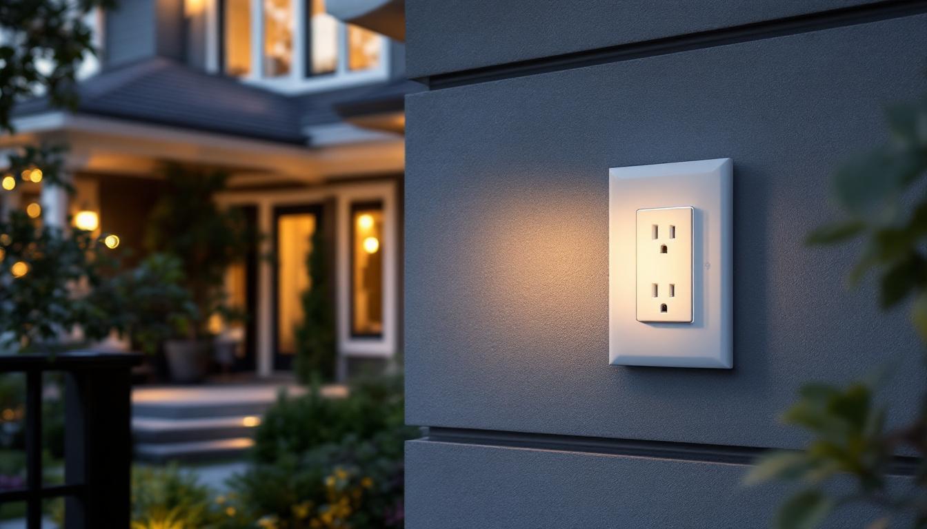 A photograph of a flush mount exterior outlet box installed on a stylish home facade