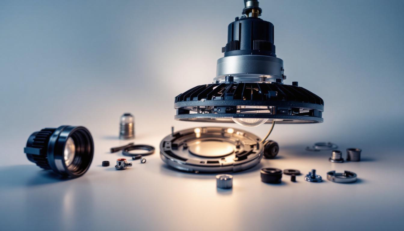 A photograph of a well-lit overhead light fixture disassembled