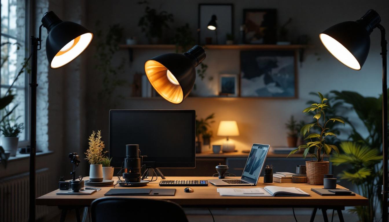 A photograph of a well-lit workspace featuring various mr16 lamps in use