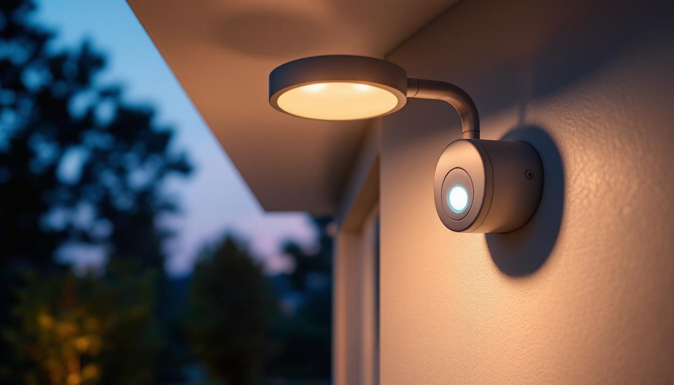 A photograph of a stylish exterior ceiling light with a motion sensor installed in a well-lit outdoor setting