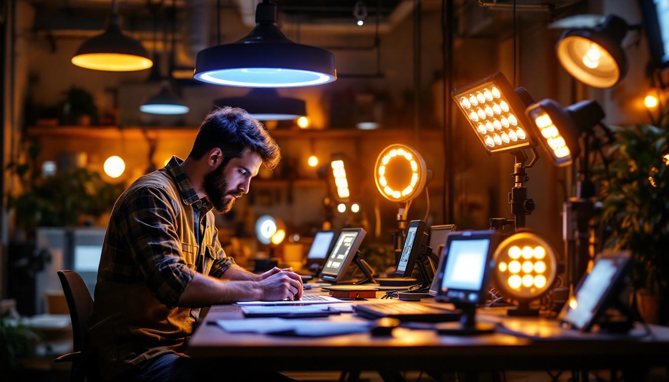 A photograph of a well-lit workspace featuring a variety of maxlite led lights in use