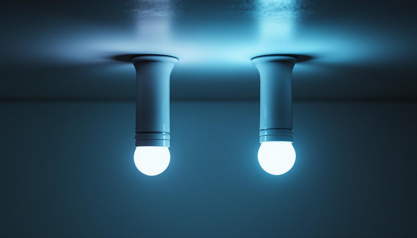 A photograph of a side-by-side comparison of a fluorescent bulb and an led bulb installed in a lighting fixture