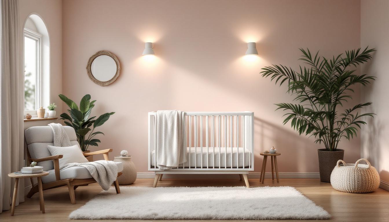 A photograph of a beautifully designed nursery featuring soft