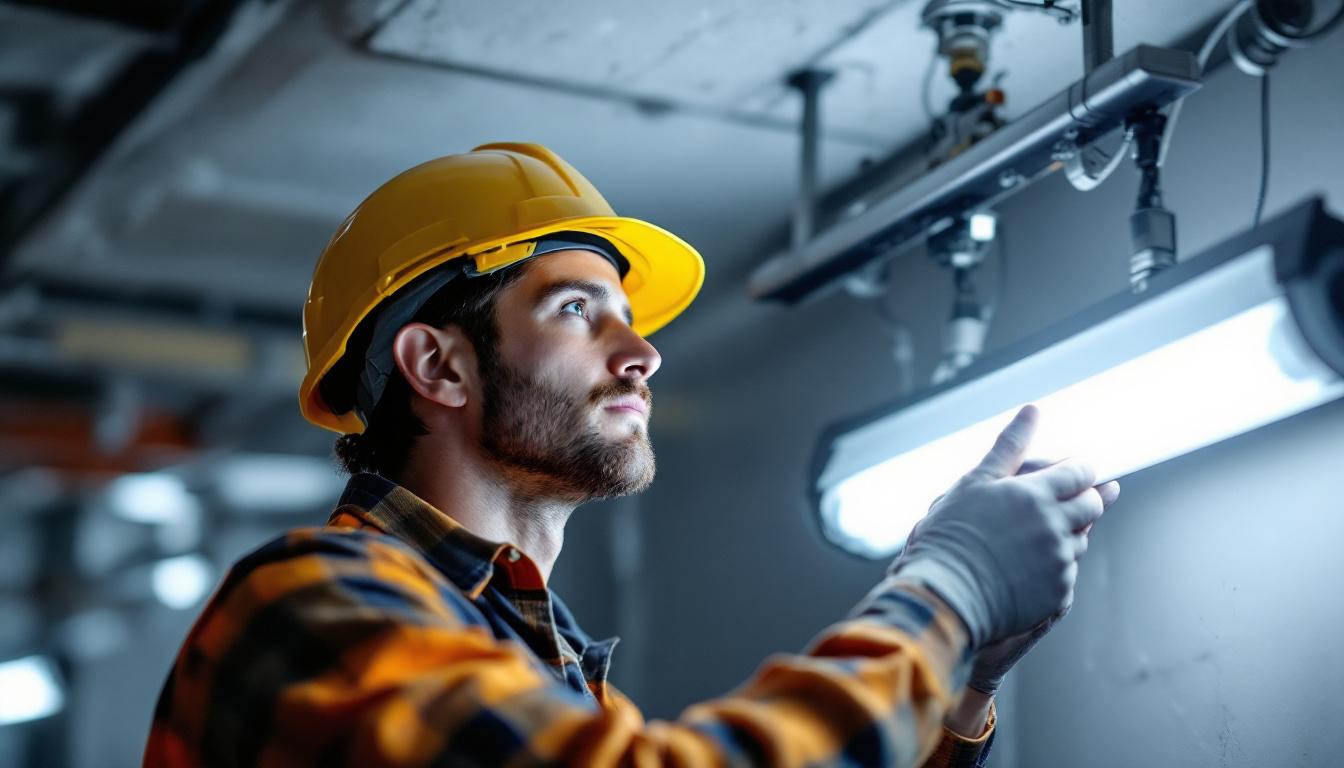 A photograph of a lighting engineer carefully removing a fluorescent bulb from a fixture