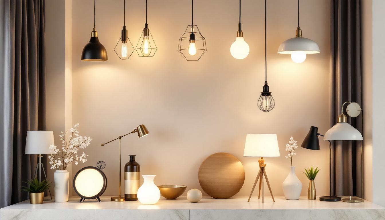 A photograph of a beautifully arranged selection of various lighting fixtures in a well-lit interior setting