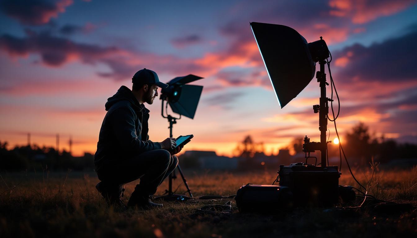 A photograph of a lighting engineer setting up portable field lighting in an outdoor environment during dusk