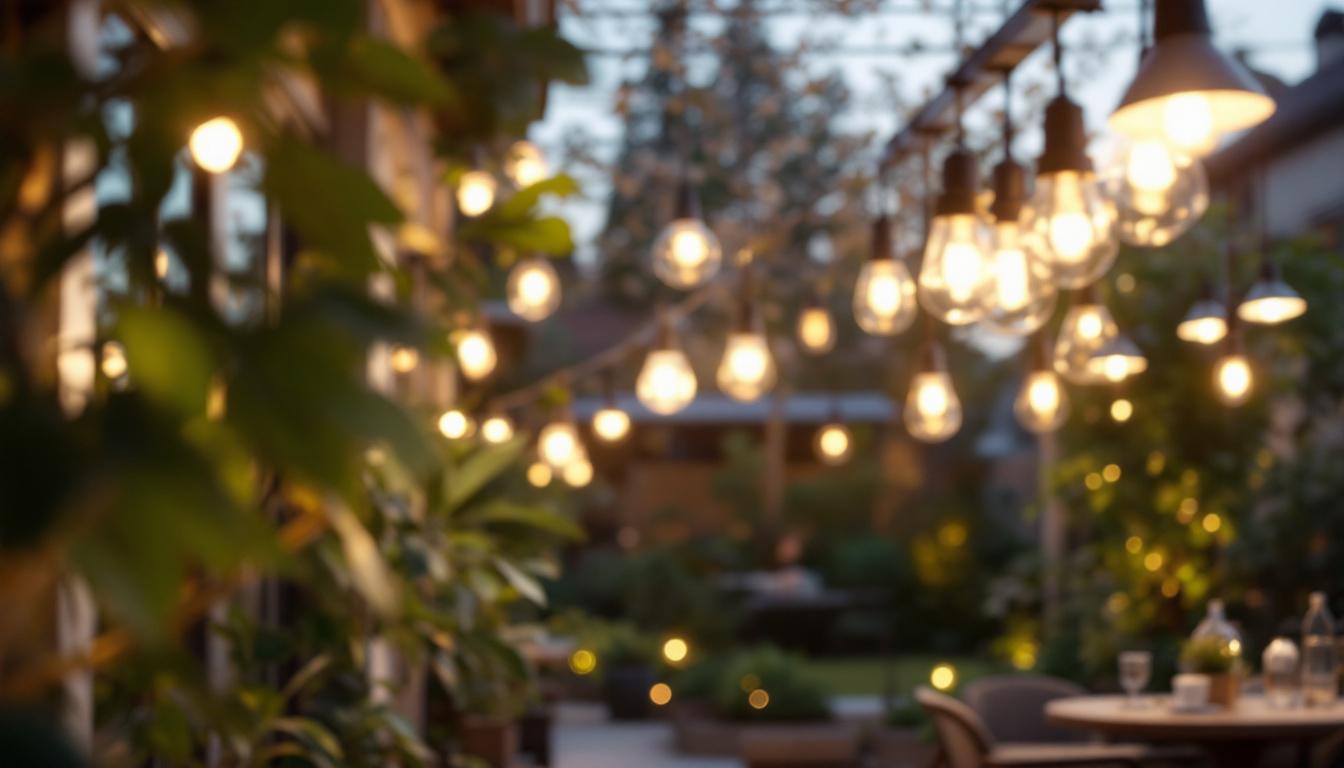 A photograph of a well-lit indoor or outdoor scene showcasing various types of lighting fixtures in use
