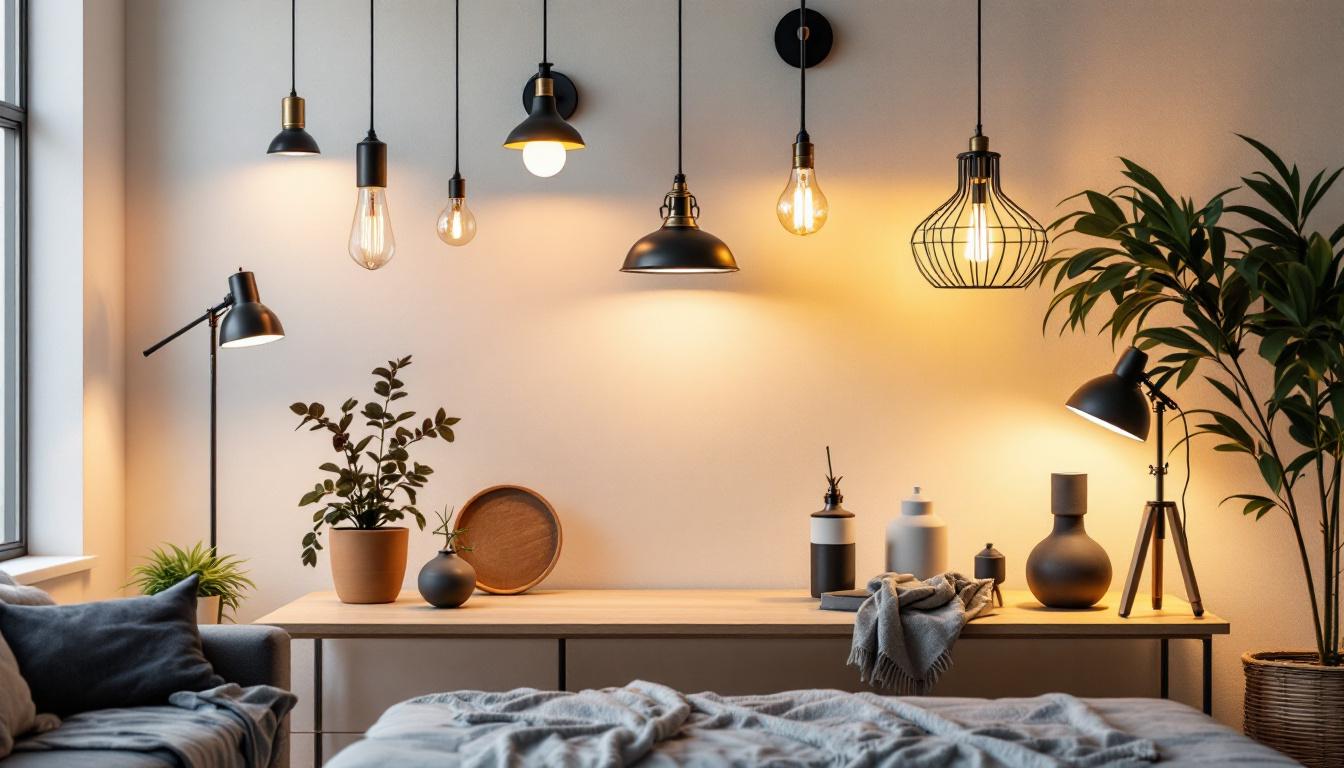 A photograph of a well-lit room showcasing various types of lighting fixtures