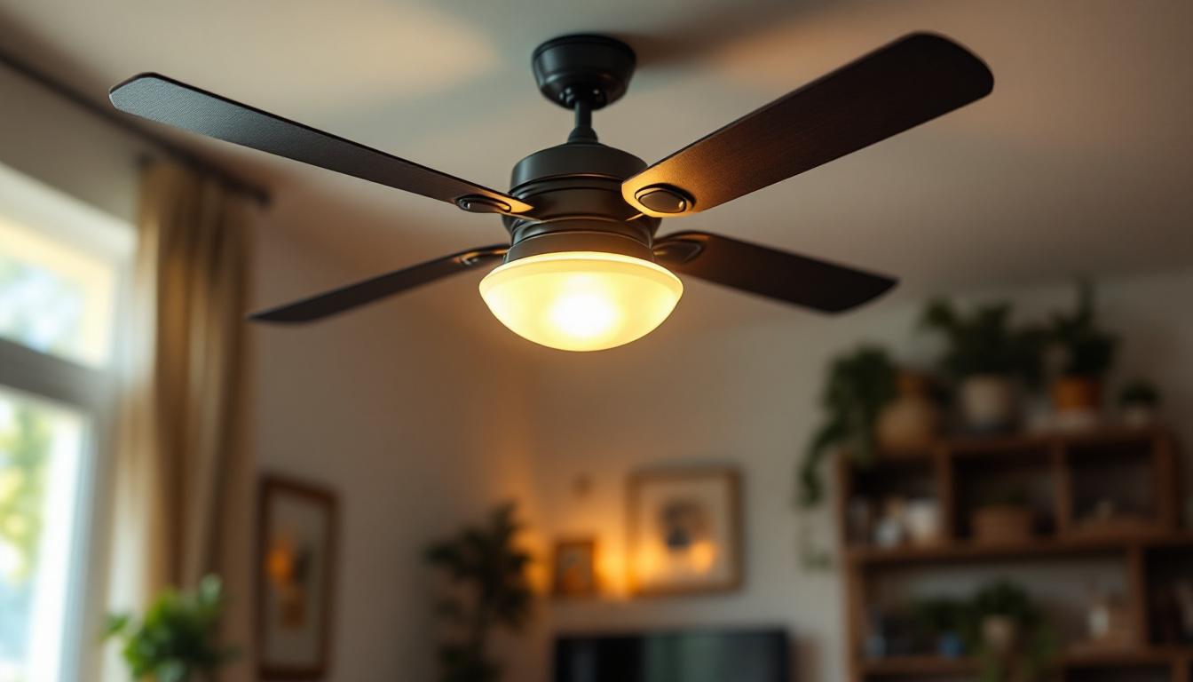 A photograph of a ceiling fan with an integrated light kit