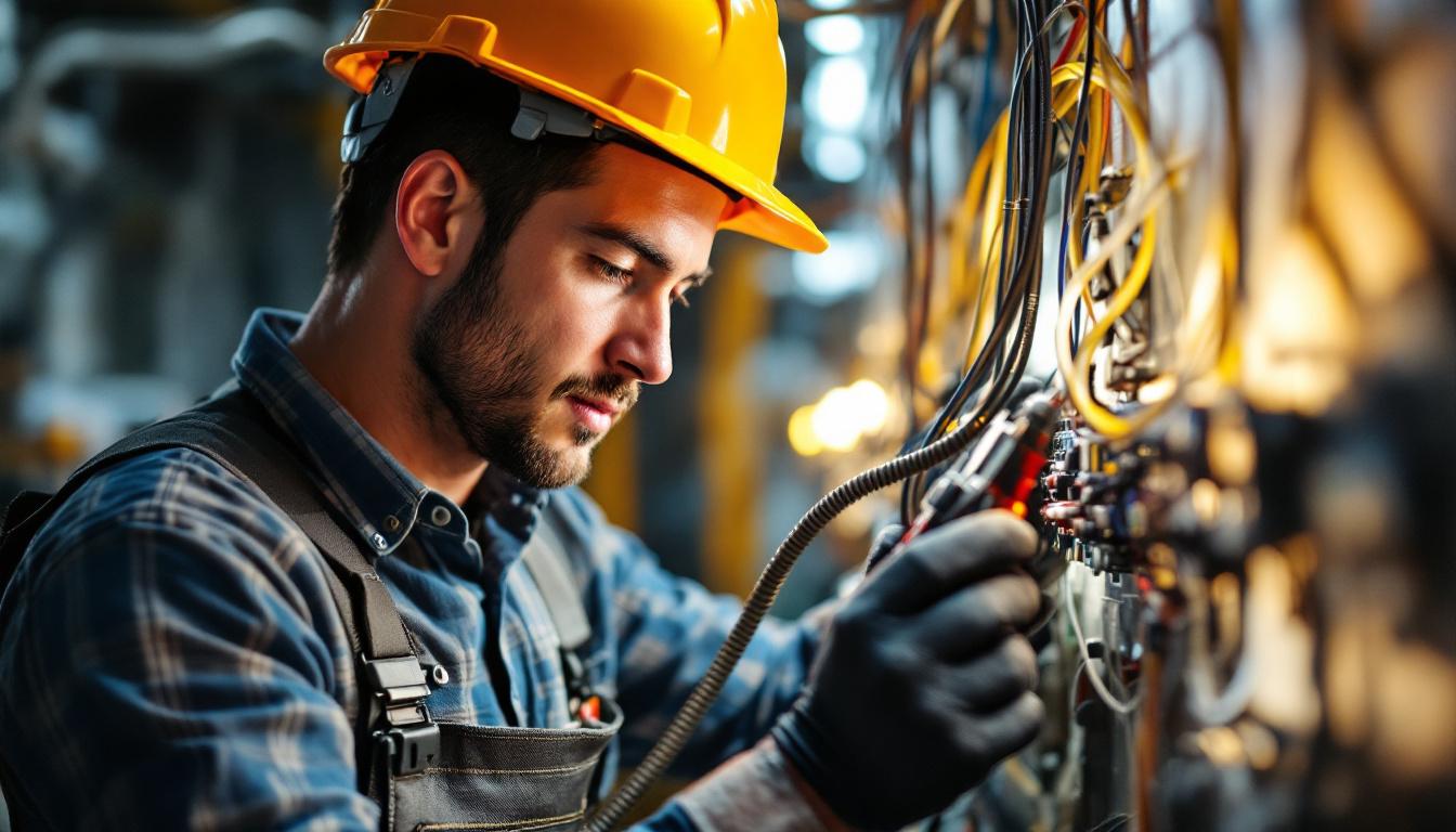 A photograph of a skilled electrician using a wire snake to navigate through a complex network of electrical wiring