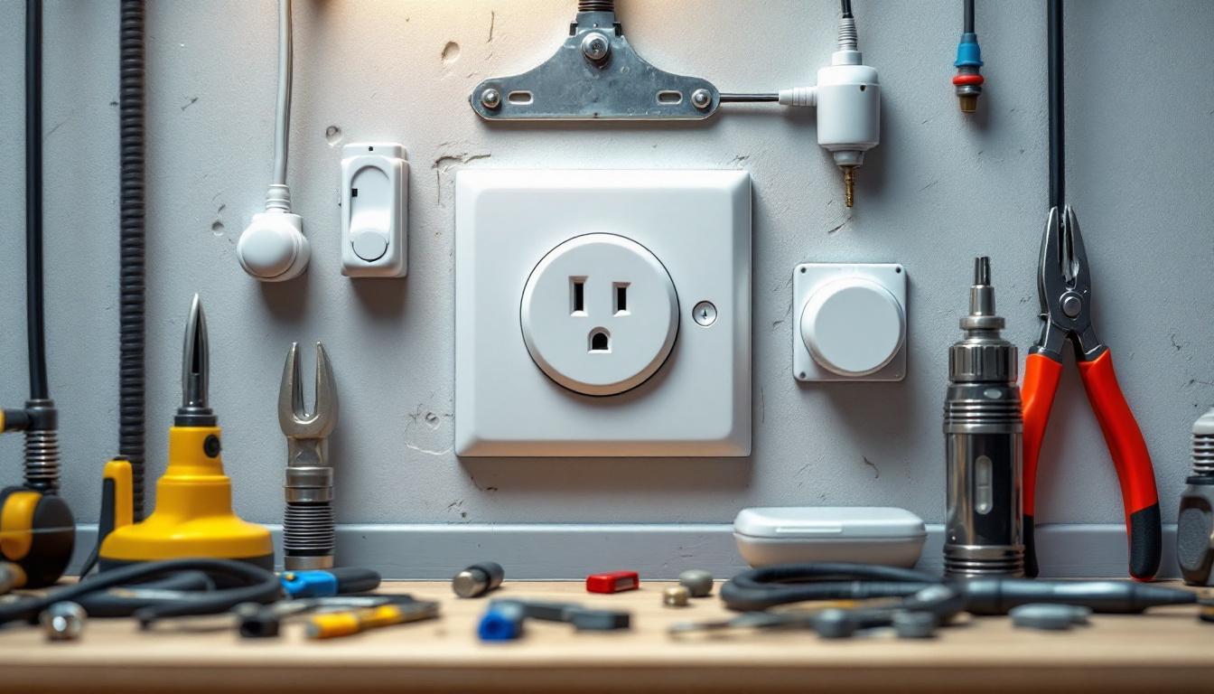A photograph of a close-up of a modern electrical wall socket with various tools and electrical components around it