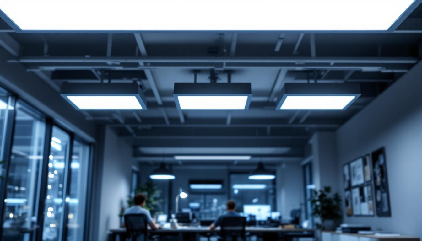 A photograph of a well-lit modern workspace featuring 2x4 led panel lights installed in the ceiling