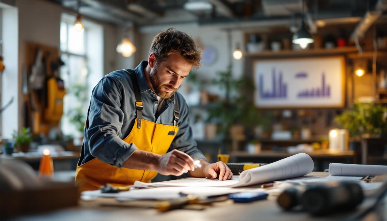 A photograph of a well-lit workspace featuring an electrical engineer examining a string work light