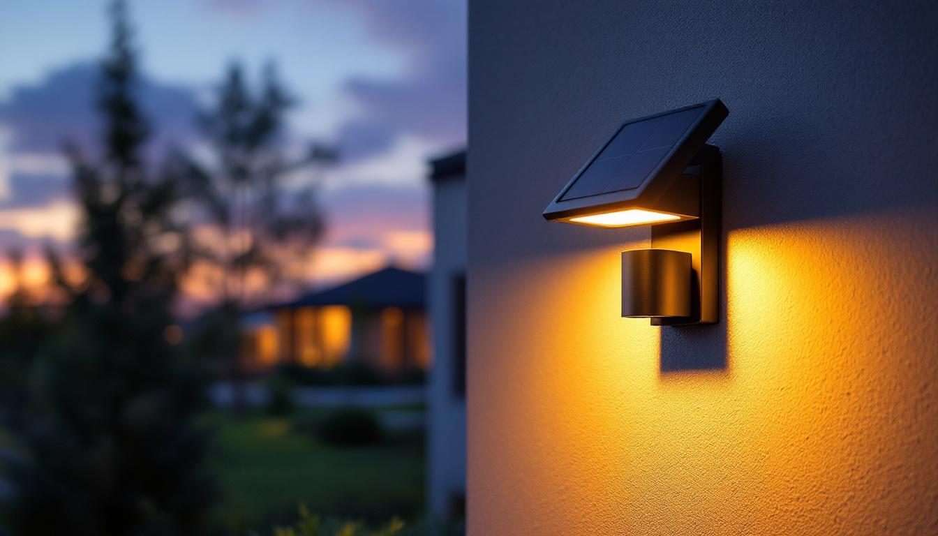 A photograph of a well-lit exterior wall featuring a stylish solar lighting fixture at dusk