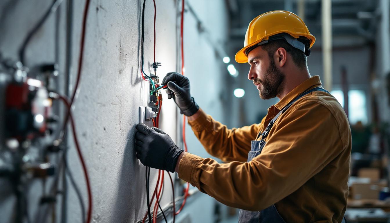 A photograph of a skilled electrician or engineer installing a switch box extension in a well-lit workspace