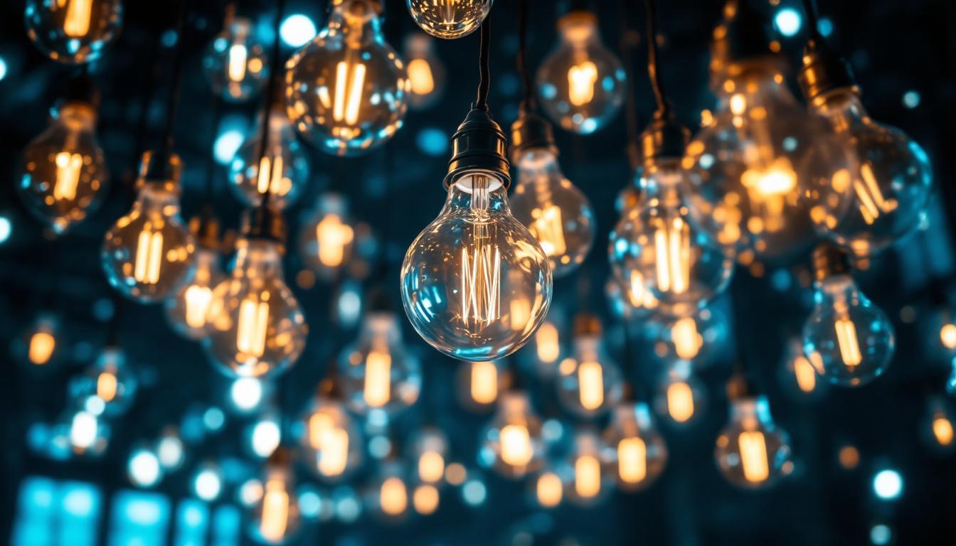 A photograph of a beautifully arranged display of ornamental light bulbs in a large-scale lighting installation
