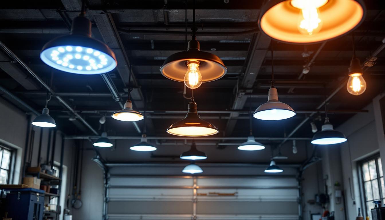 A photograph of a well-lit garage showcasing various overhead light fixtures in use
