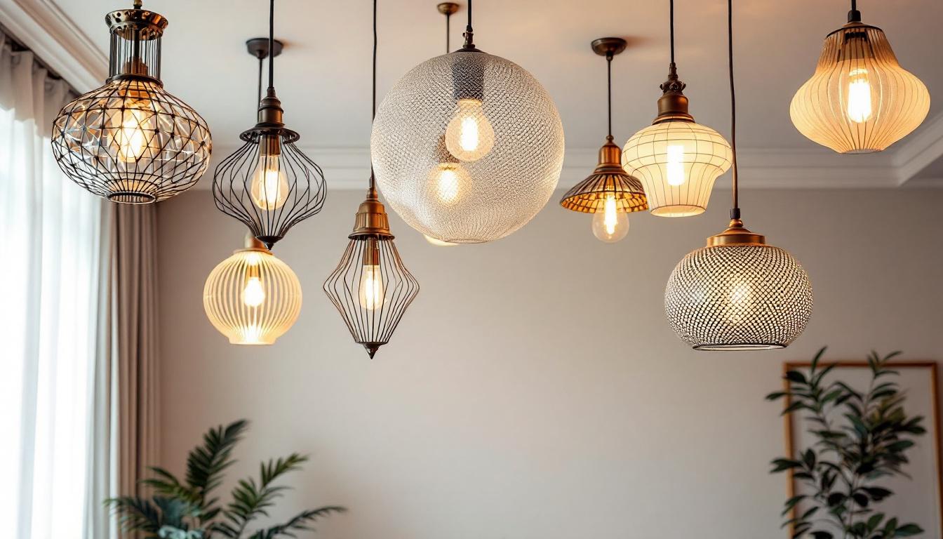 A photograph of a stylishly designed room featuring an array of elegant ceiling lamps