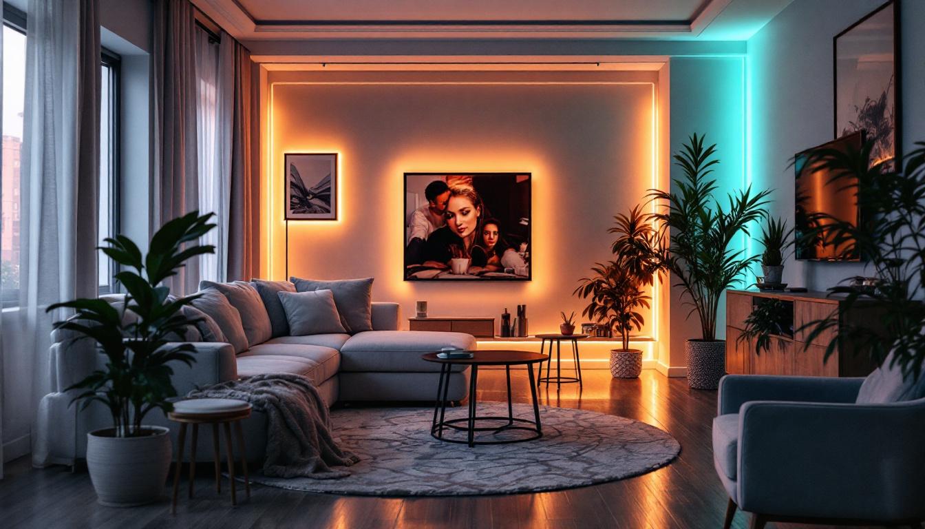A photograph of a stylishly lit indoor space showcasing various strip lighting designs