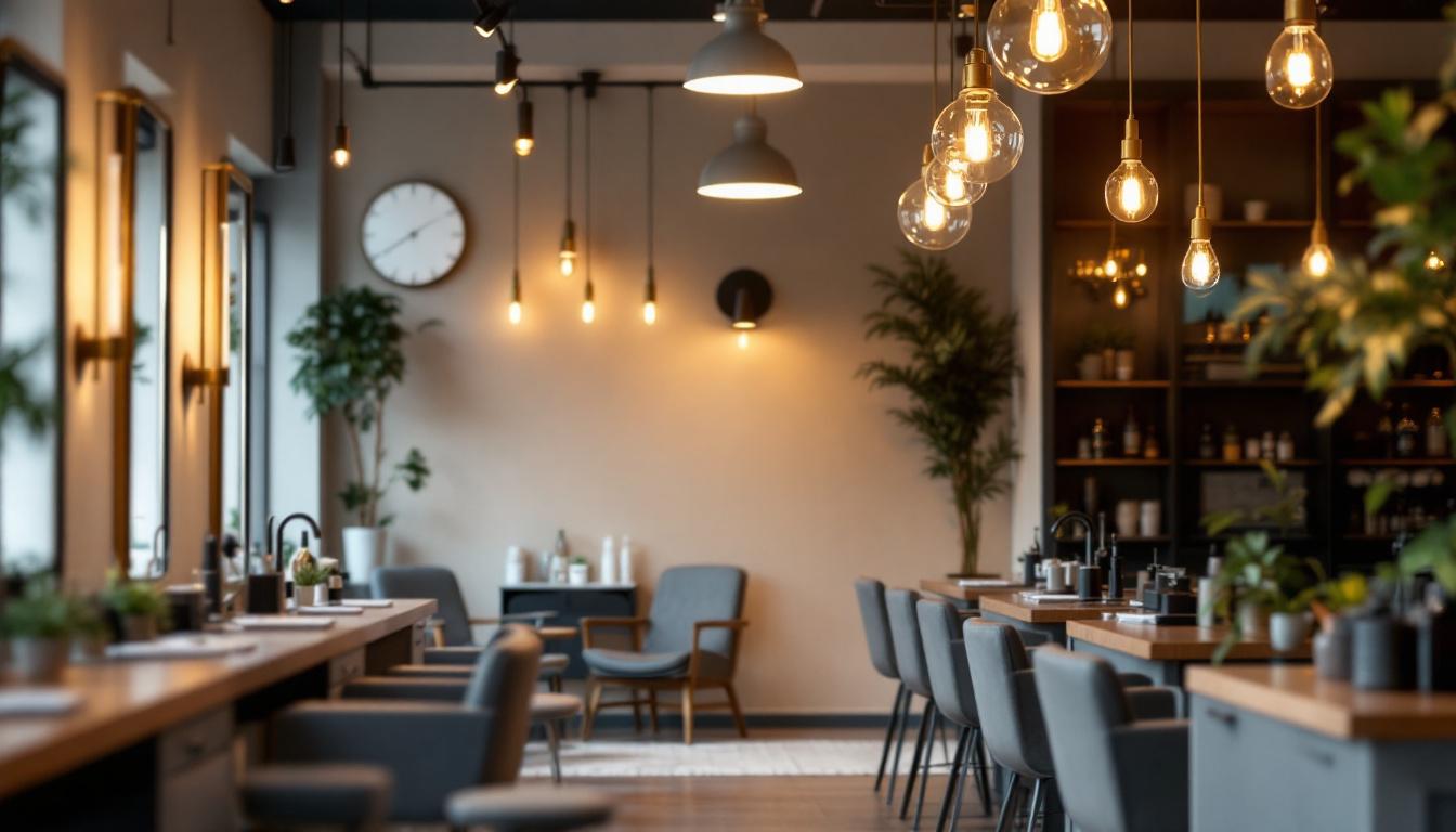 A photograph of a stylish hair salon interior that showcases a blend of modern lighting fixtures
