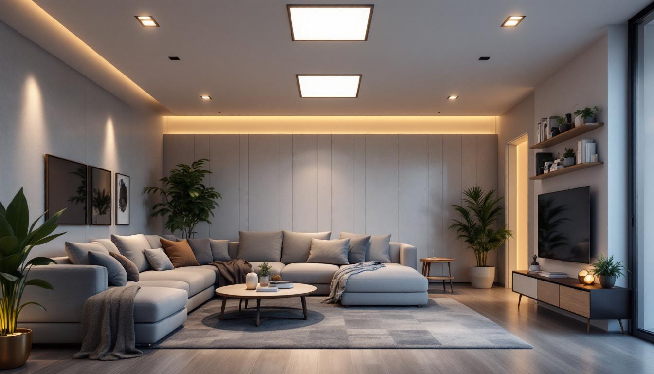 A photograph of a modern living space featuring square recessed can lights installed in the ceiling