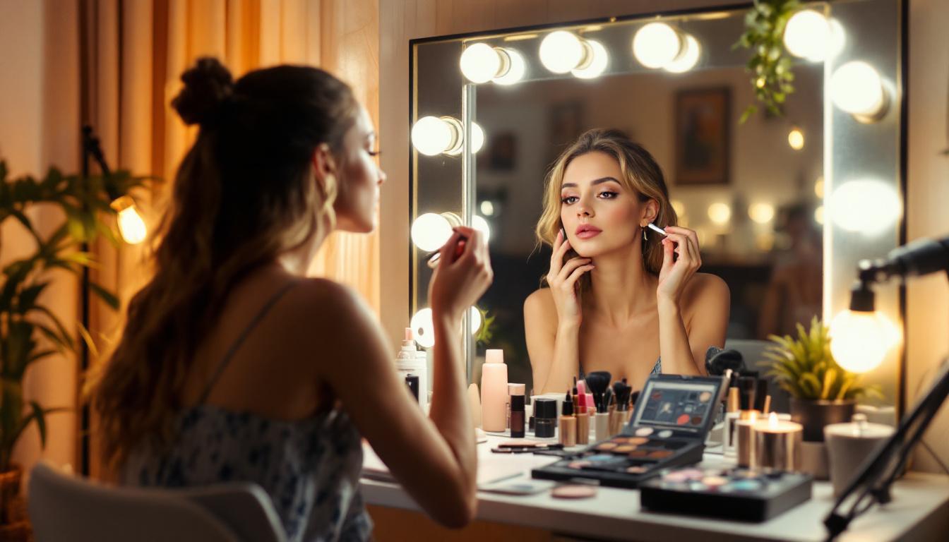 A photograph of a well-lit vanity setup featuring a model applying makeup