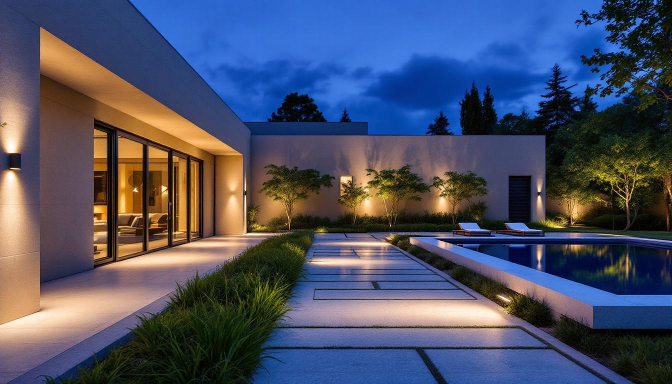 A photograph of a beautifully designed outdoor space featuring flood lighting that highlights architectural elements and landscaping while minimizing glare