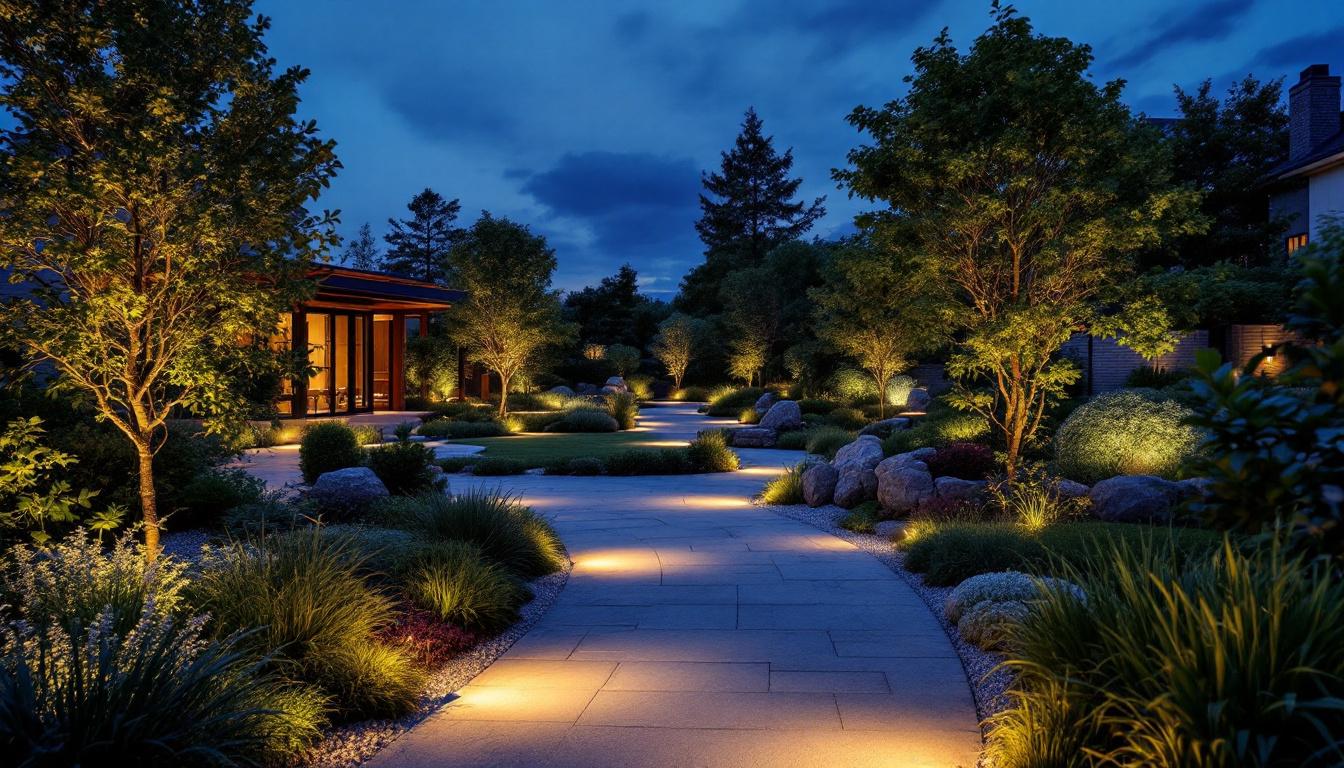 A photograph of a beautifully illuminated outdoor space at dusk