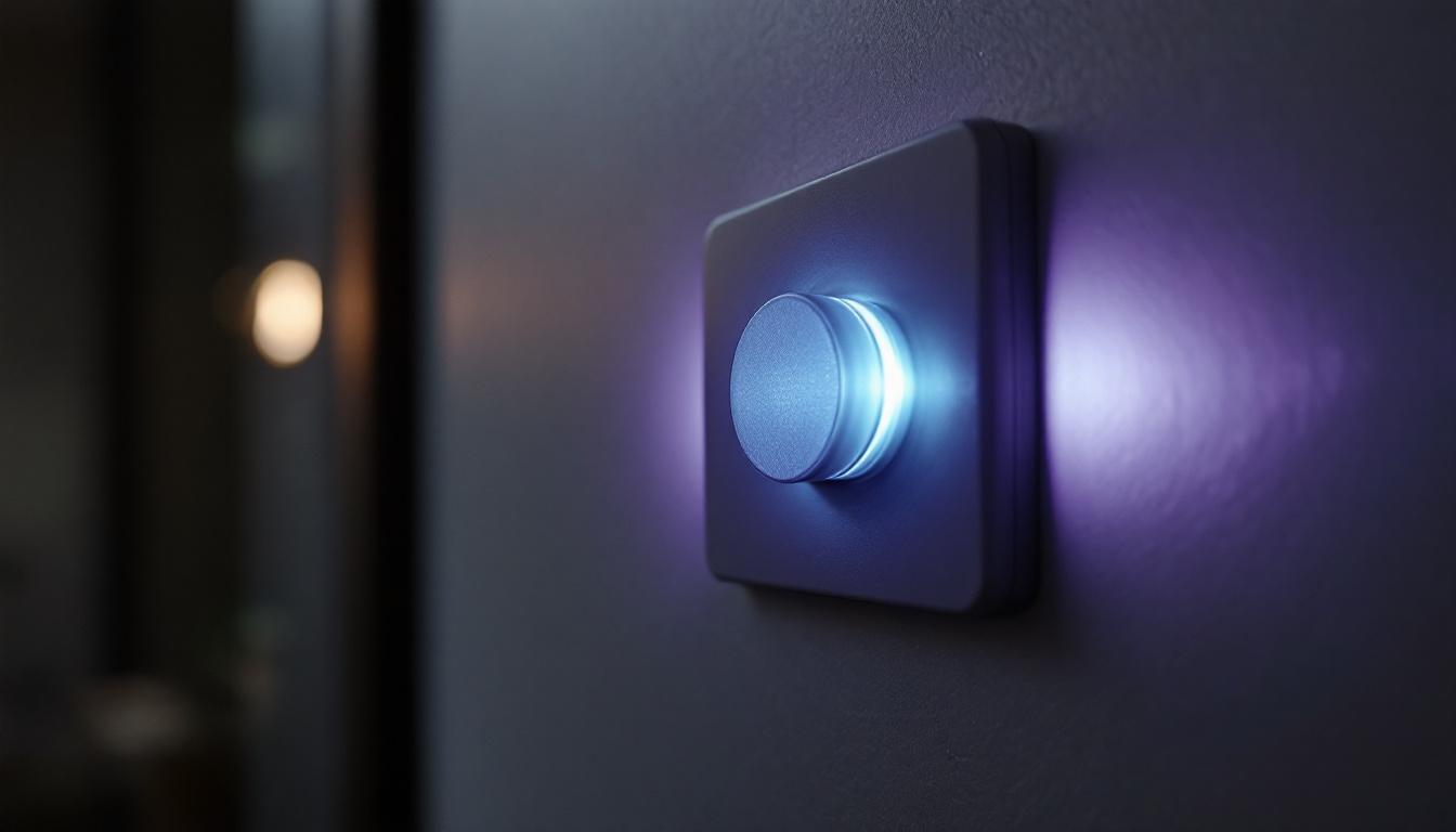 A photograph of a close-up shot of a dimmer led light switch being adjusted