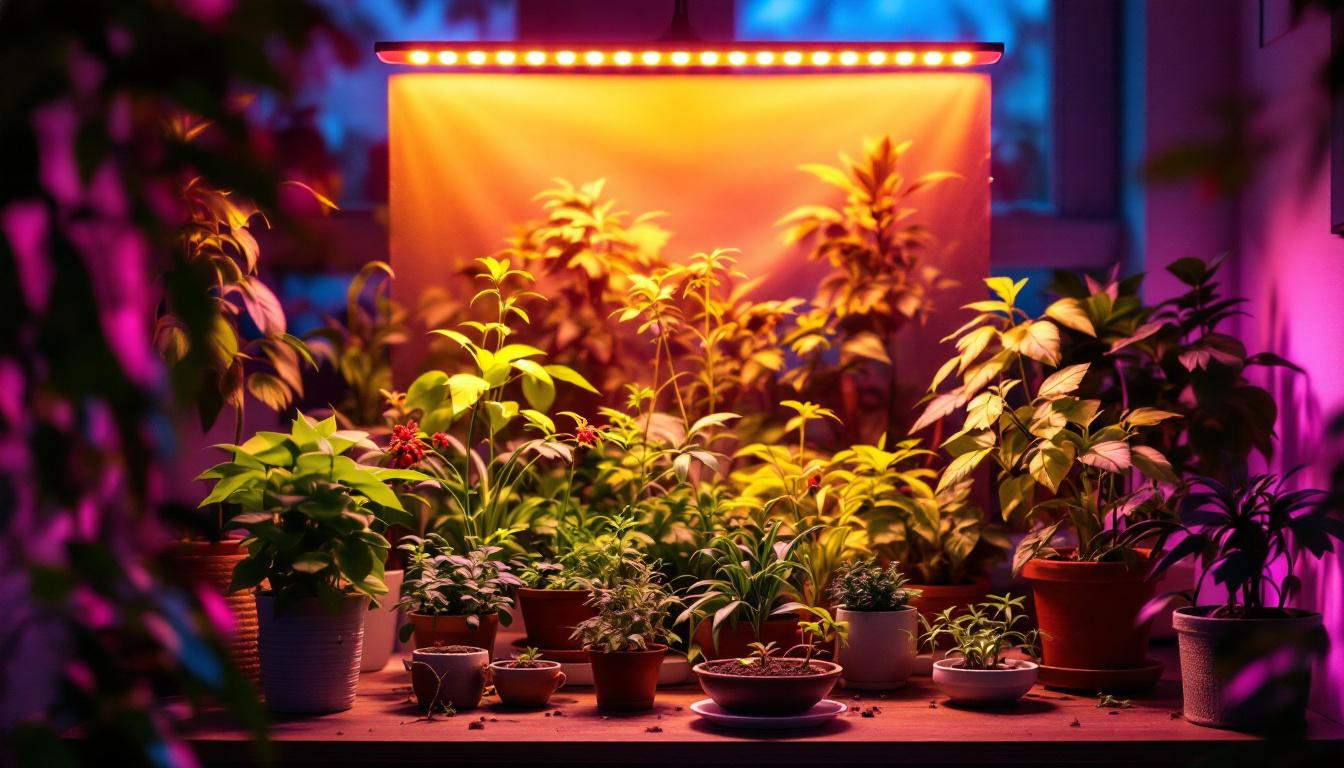 A photograph of a modern indoor garden setup illuminated by vibrant string grow lights