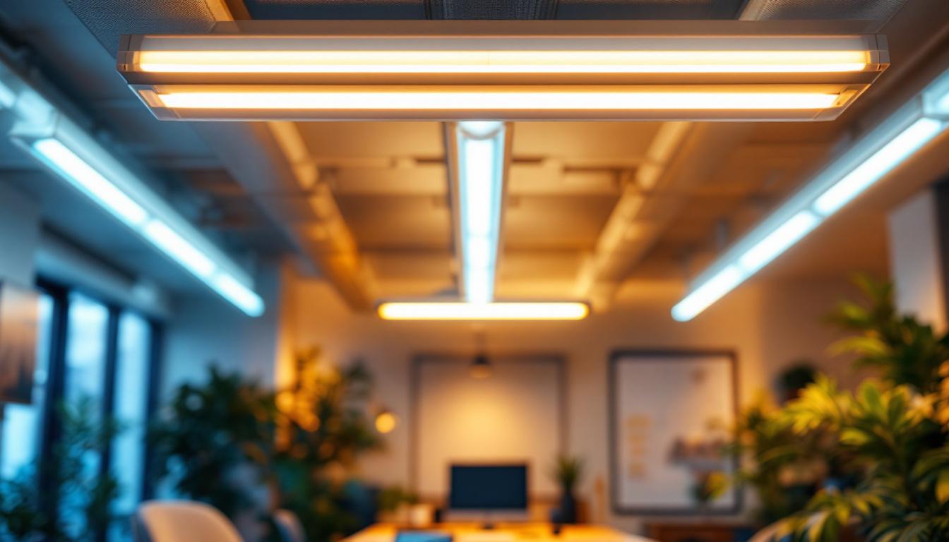 A photograph of a well-lit workspace featuring 8 ft fluorescent light tubes installed in a ceiling fixture