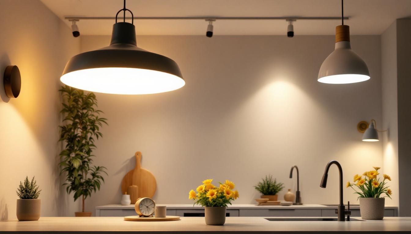 A photograph of a well-lit room showcasing various light fixtures with visible brightness levels