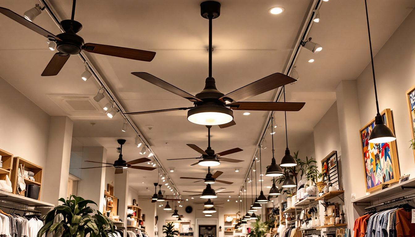 A photograph of a spacious retail environment showcasing large ceiling fans in action