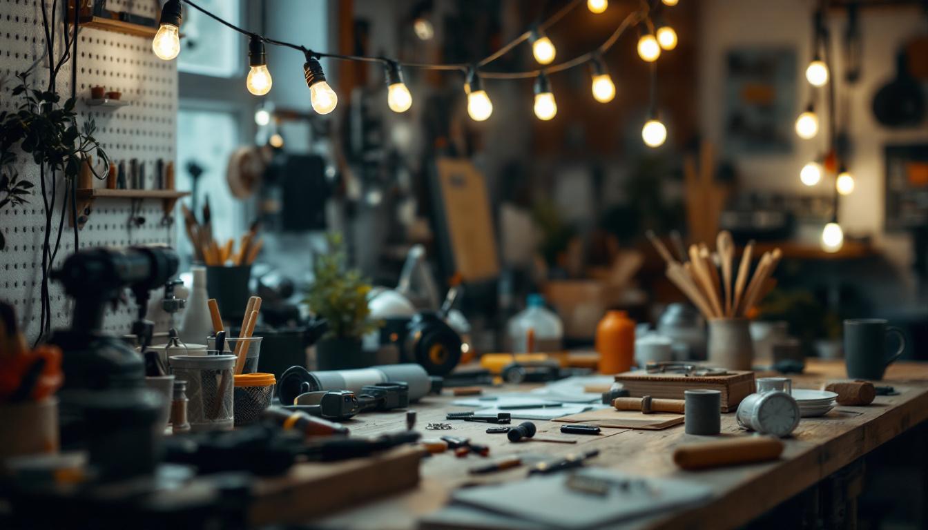 A photograph of a well-lit workspace featuring a set of led string work lights illuminating various tools and materials