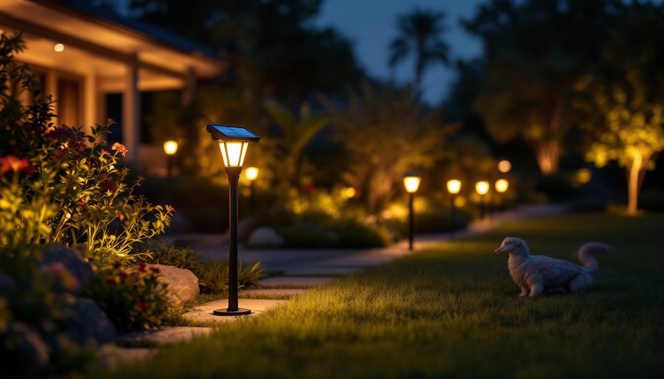 A photograph of a beautifully landscaped outdoor space illuminated by solar-powered led lights at dusk