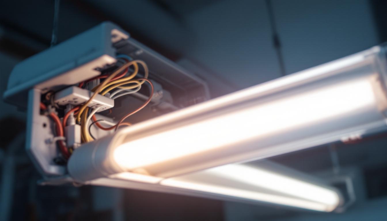 A photograph of a close-up of a fluorescent light fixture with its ballast exposed