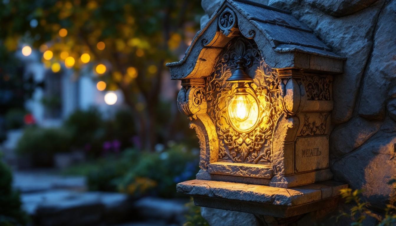 A photograph of a beautifully crafted stone mailbox illuminated by a warm