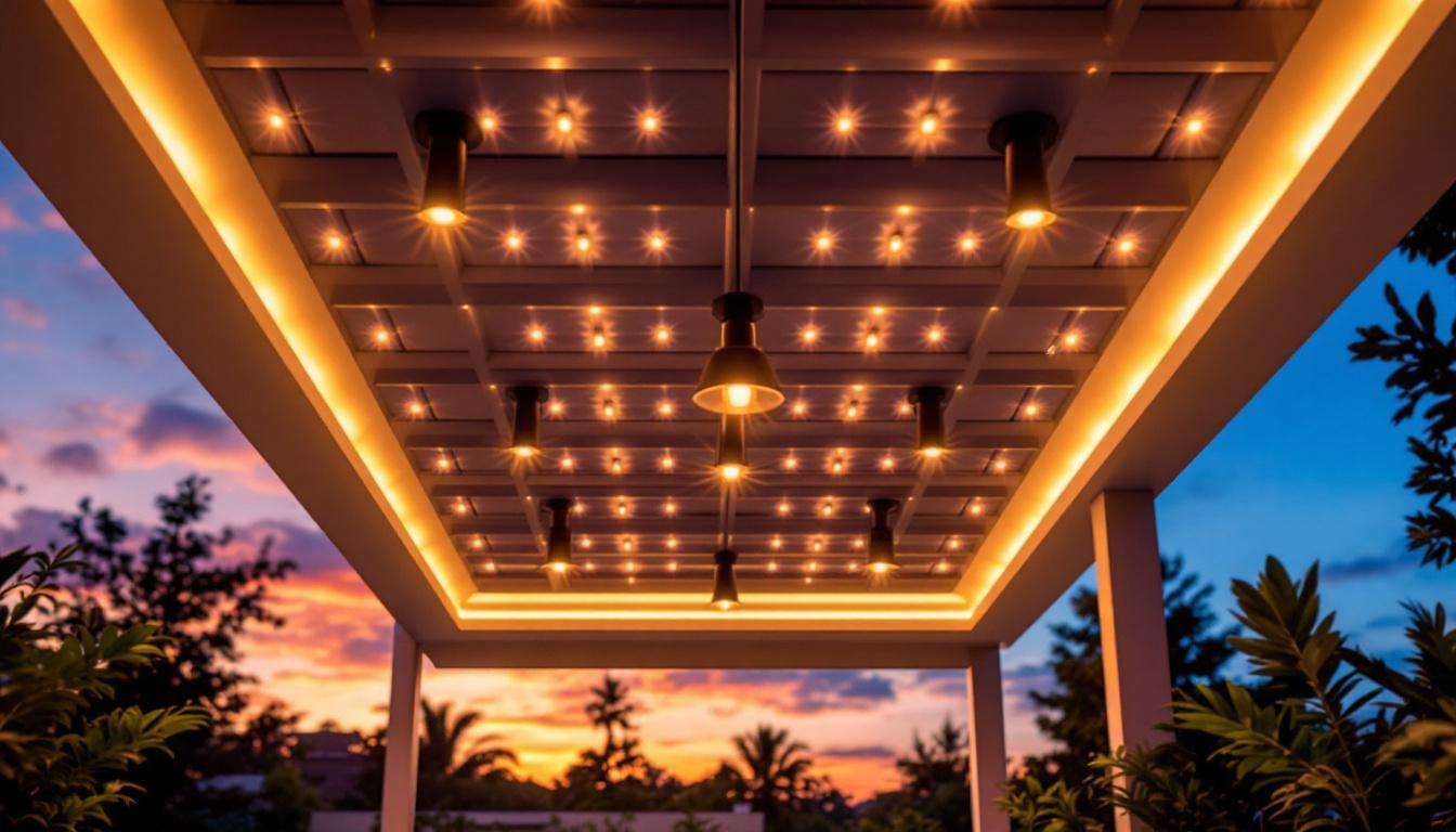 A photograph of a beautifully illuminated outdoor ceiling space featuring modern led lighting fixtures