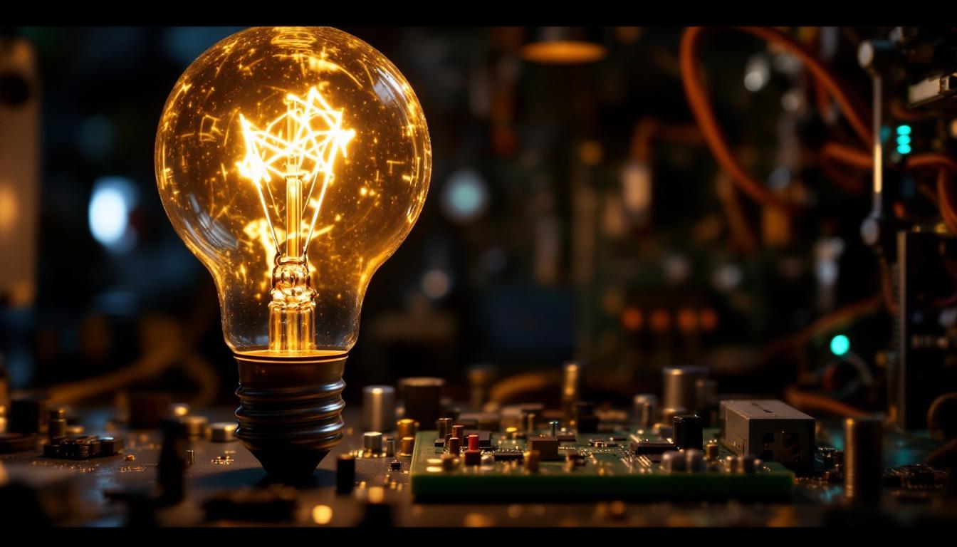 A photograph of a glowing type a incandescent light bulb in a dimly lit electrical engineering workspace