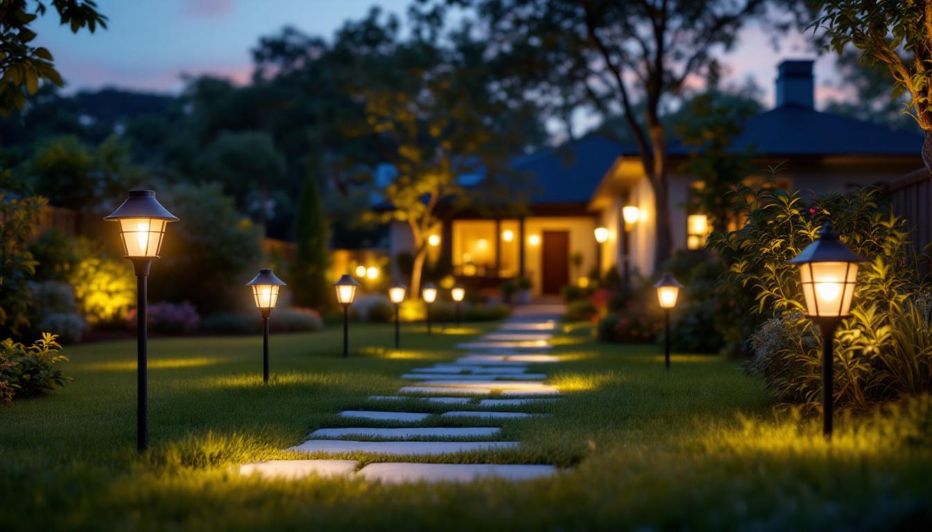 A photograph of a beautifully illuminated backyard at dusk
