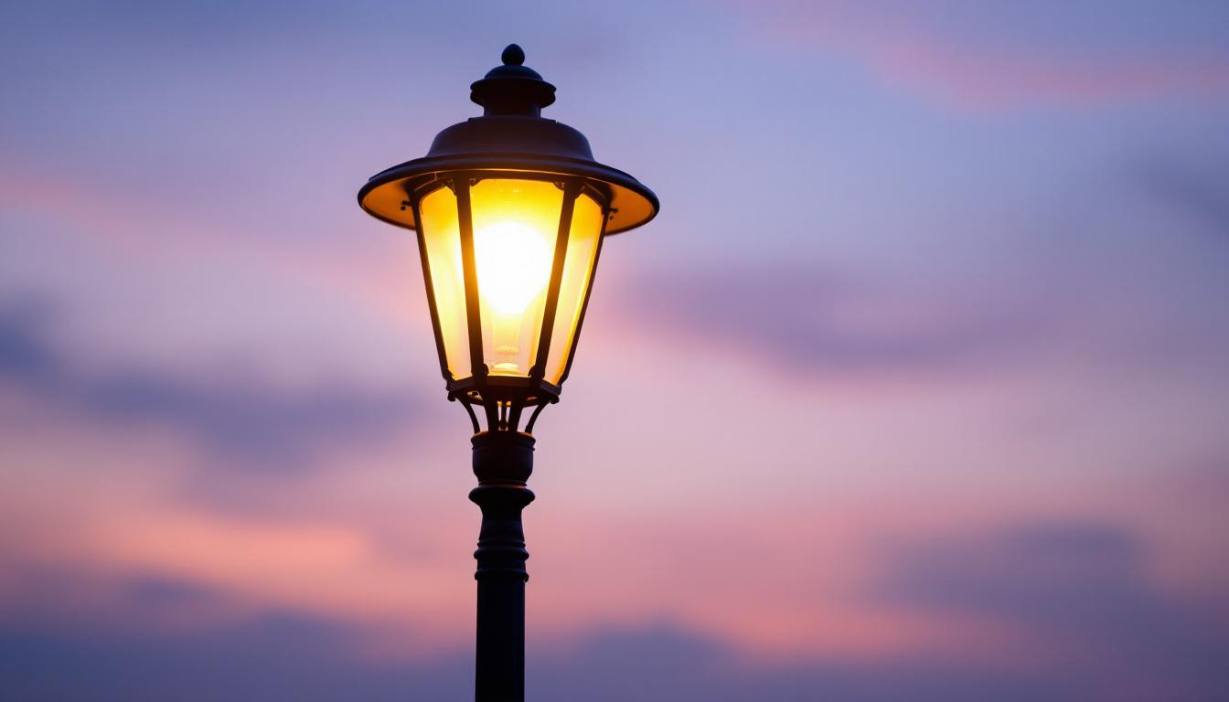 A photograph of a well-lit lamppost at dusk