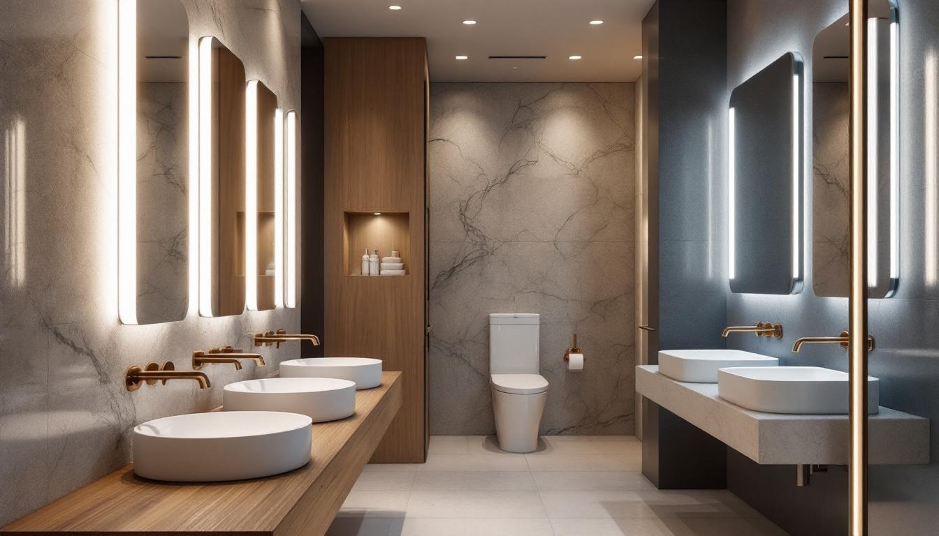 A photograph of a modern washroom featuring stylish led lighting fixtures