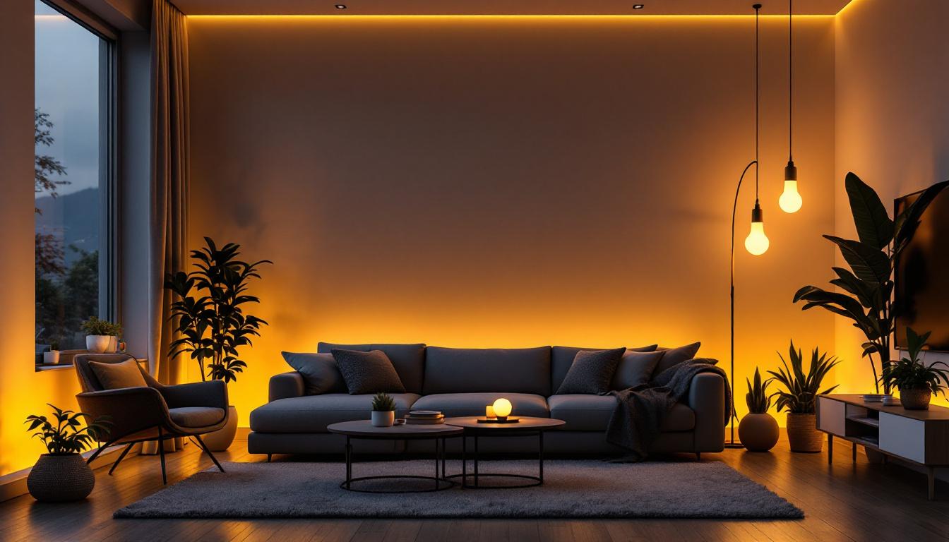 A photograph of a modern living space illuminated by warm