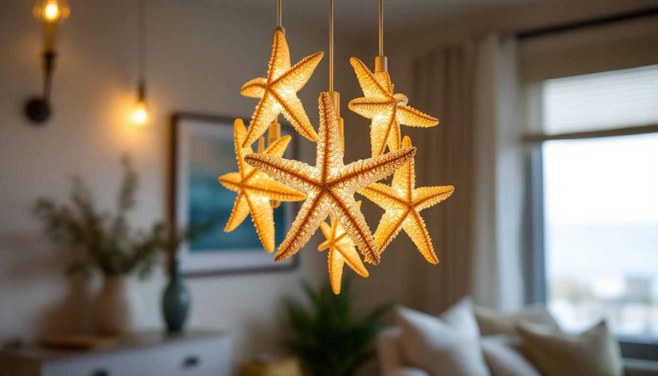 A photograph of a beautifully designed lighting fixture that incorporates starfish-inspired elements