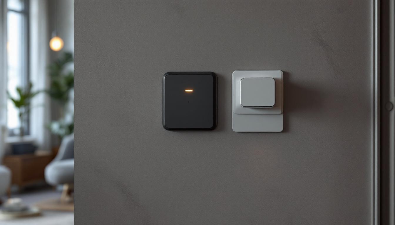 A photograph of a modern light switch and plug combo installed in a stylish interior setting