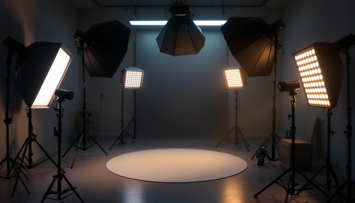 A photograph of a well-lit studio setup showcasing various led lights in action